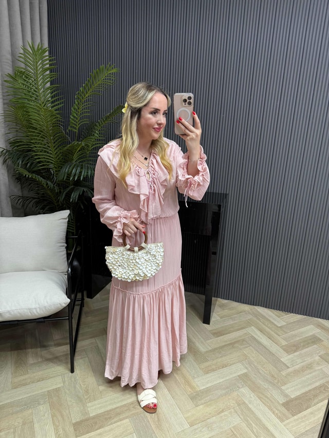 Firuze Fırfır Detaylı Tasarım Bohem Elbise Toz Pembe