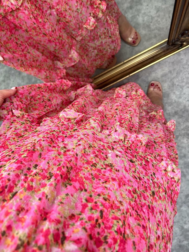 Gipeli Çitir Desen Pembe Şifon Elbise