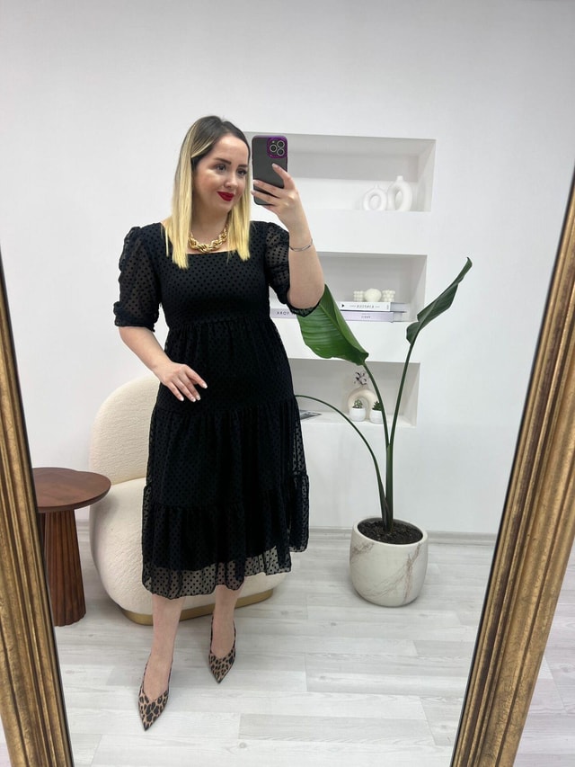 Gipeli Siyah Flok Baskılı Elbise