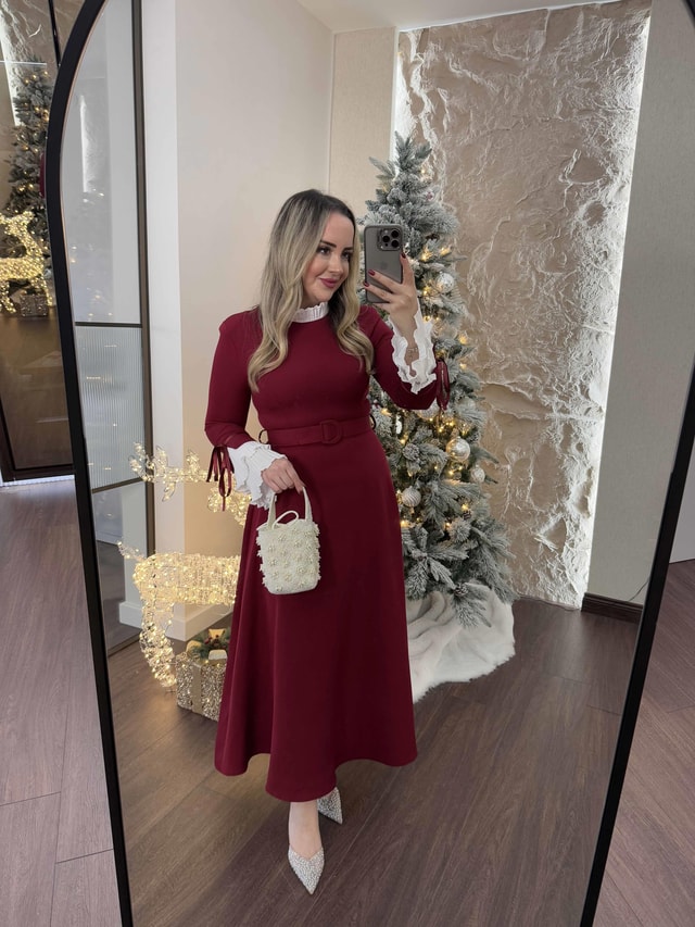 Grace Kolları Ve Yakası Pilise Elbise Bordo
