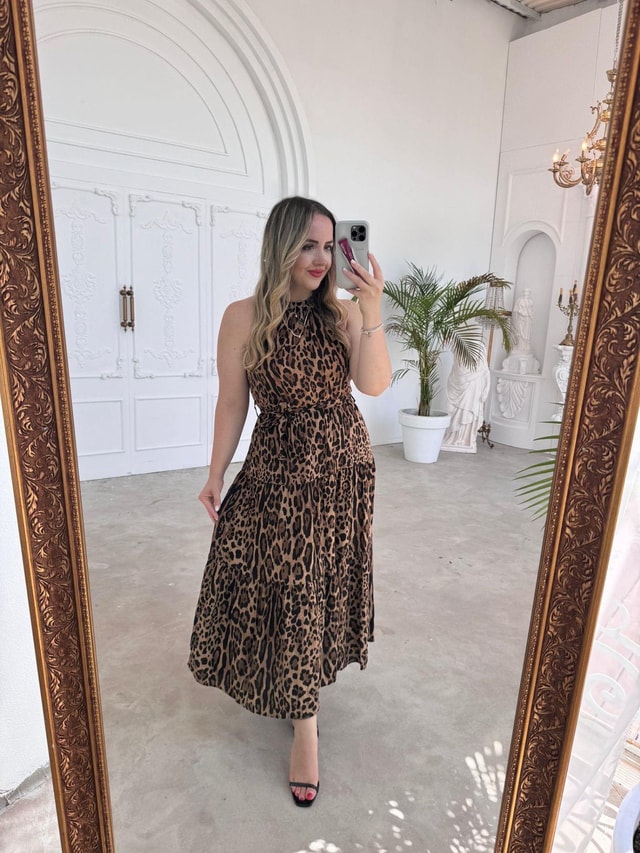 Halter Yaka Beli Lastıklı Leopar Elbise