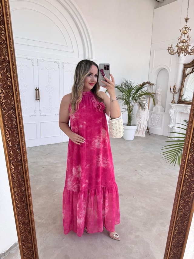 Halter Yaka Çiçek Broşlu Pembe Şifon Elbise