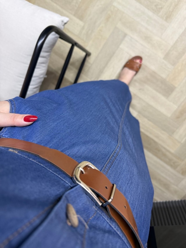 İnce Denim Kemerli Kalem Elbise Mavi