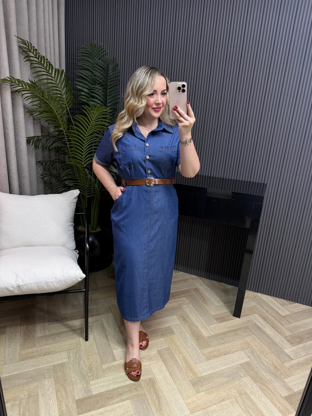 İnce Denim Kemerli Kalem Elbise Mavi