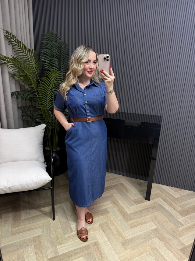 İnce Denim Kemerli Kalem Elbise Mavi