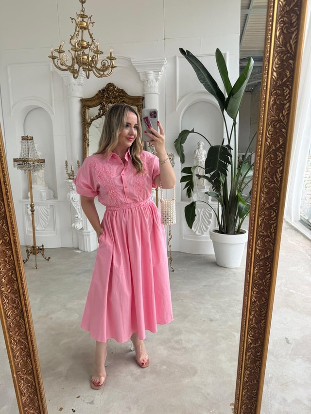 İnci Detaylı İşlemeli Beli Lastıklı Elbise Pembe