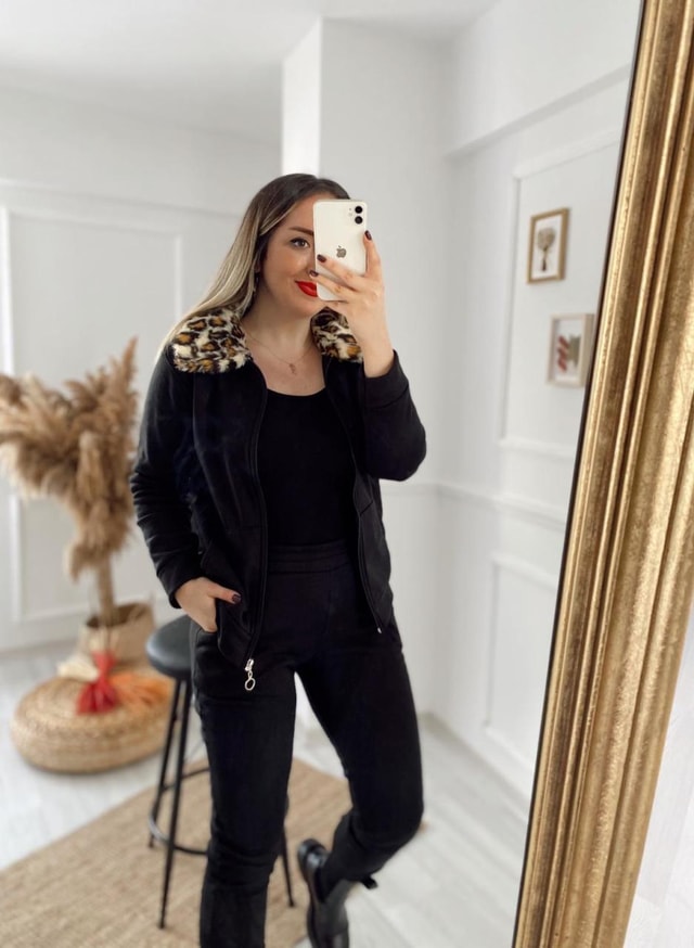 İthal Peluş Leopar Detaylı Siyah Takım