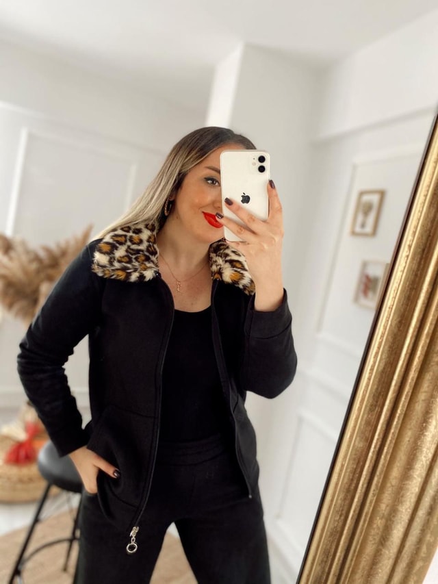 İthal Peluş Leopar Detaylı Siyah Takım