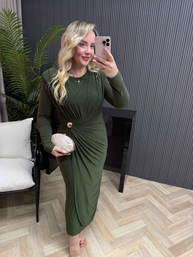 Jade Gold Düğme Detaylı Kruvaze Görünümlü Vatkalı Elbise Haki