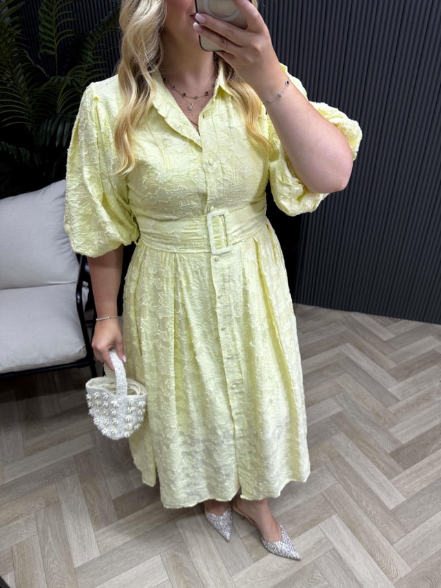Jasmine Balon Kol Kuşaklı Tasarım Elbise Sarı