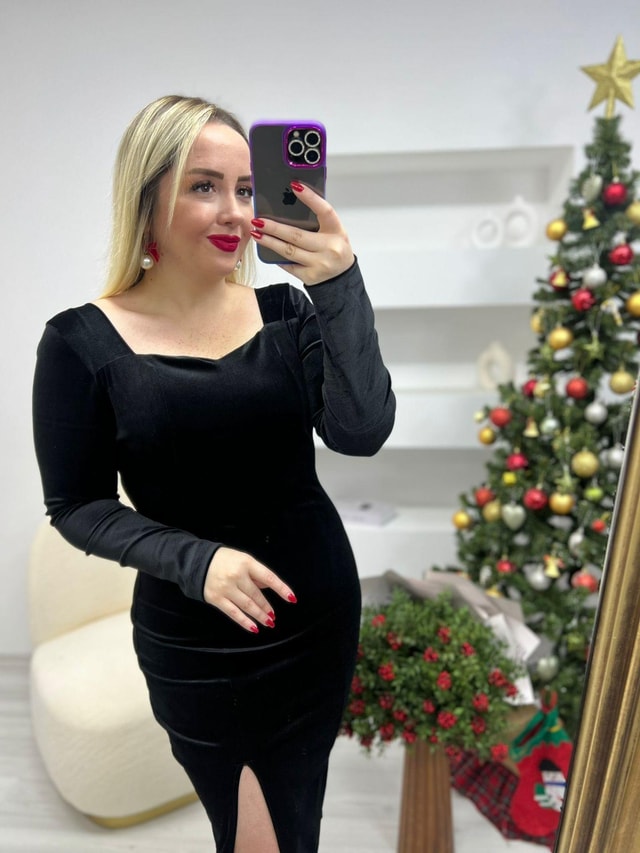 Kadife Midi Boy Yırtmaçlı Elbise Siyah