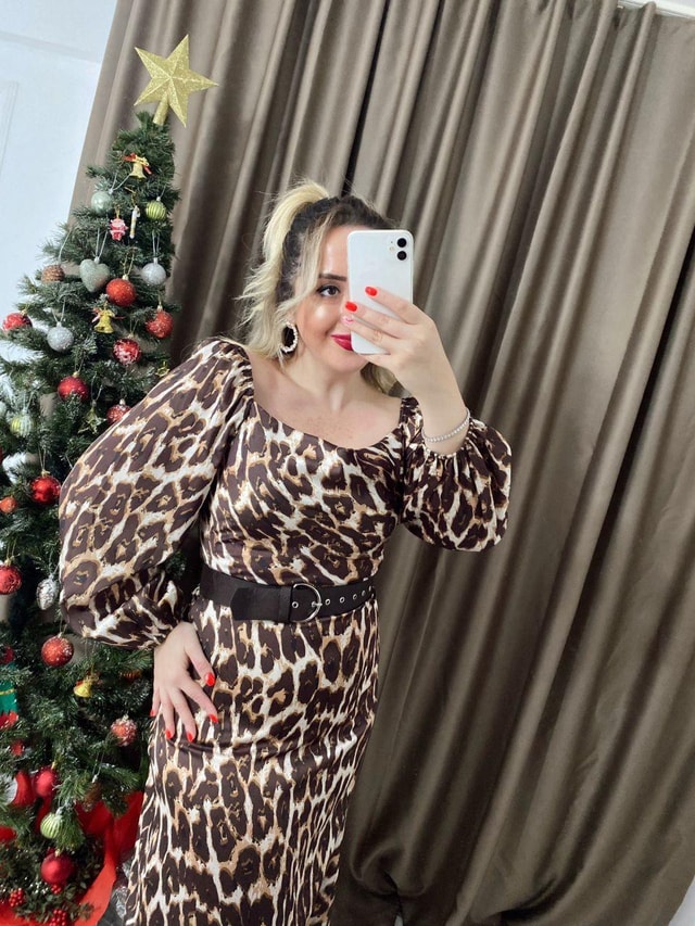Kahverengi Leopar Desen Degaje Yaka Elbise