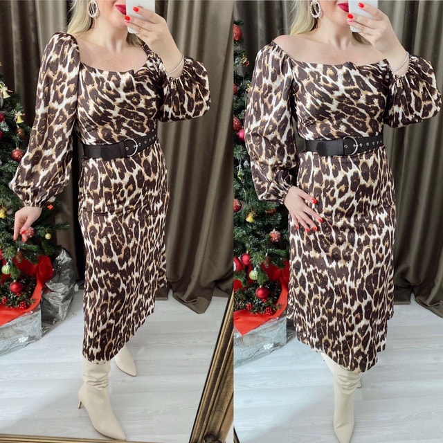 Kahverengi Leopar Desen Degaje Yaka Elbise