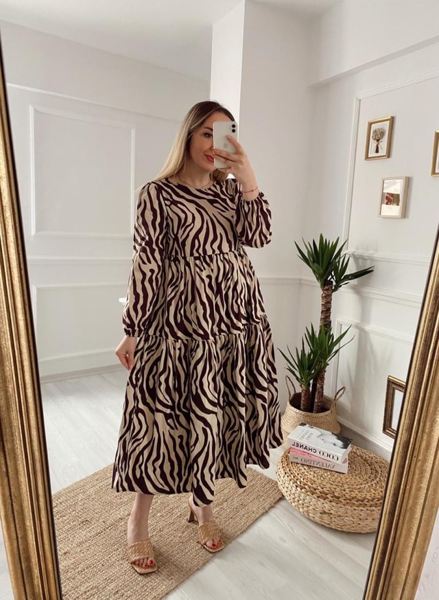Kahverengi Zebra Poplin Elbise
