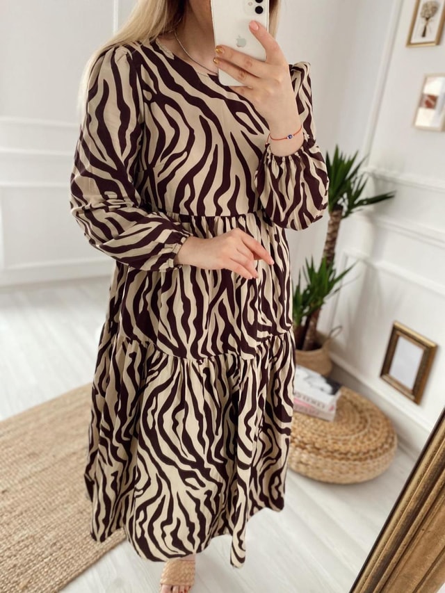 Kahverengi Zebra Poplin Elbise