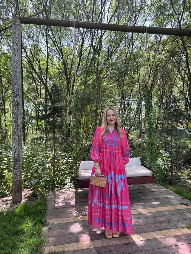 Katleya Model Pembe Mavi Desenli Elbise