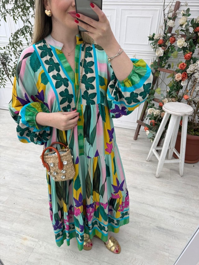Katleya Yeşil  Çiçekli Elbise