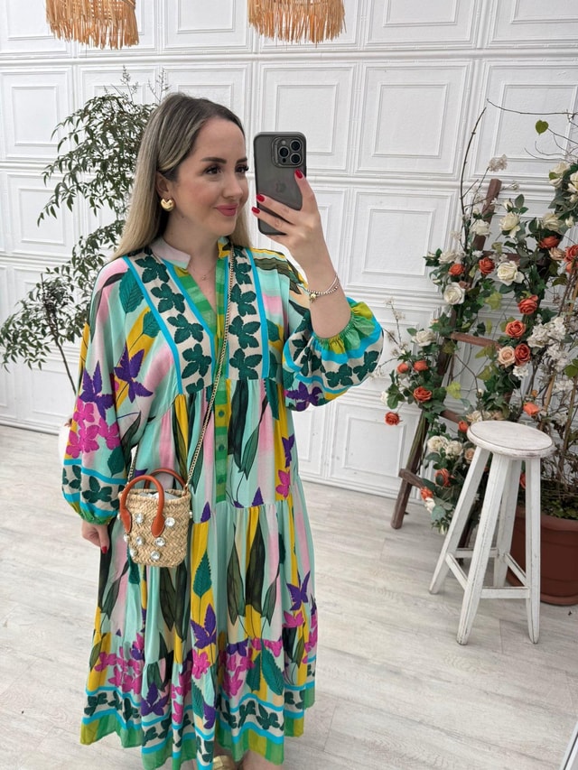 Katleya Yeşil  Çiçekli Elbise
