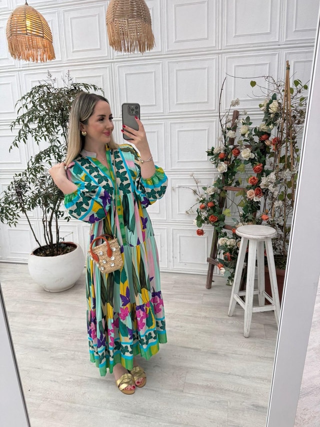 Katleya Yeşil  Çiçekli Elbise