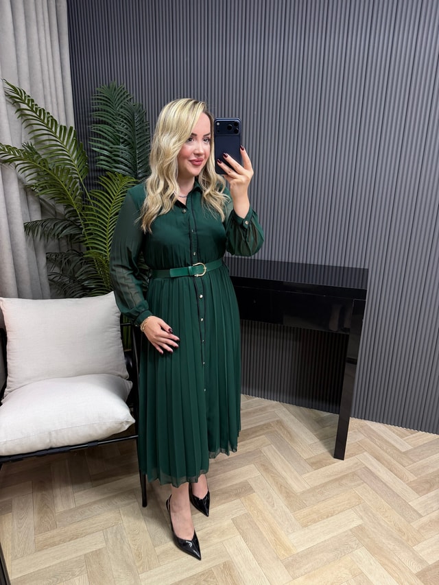 Kemerli Düğmeli Pilise Elbiseler Zümrüt