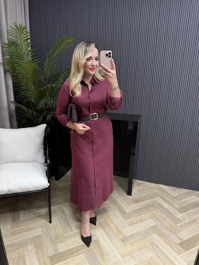 Kemerli Model Kumaş Gömlek Elbise Bordo