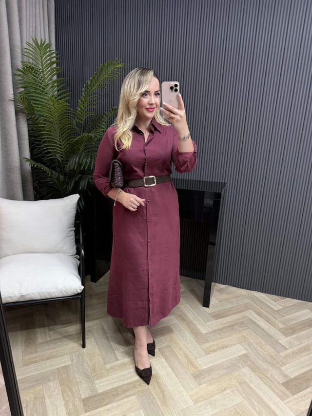 Kemerli Model Kumaş Gömlek Elbise Bordo