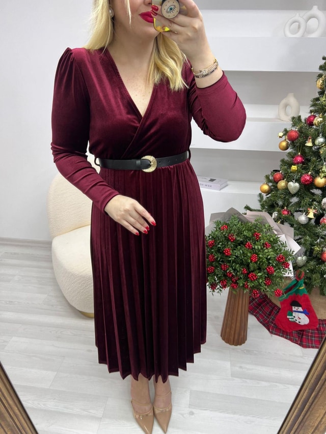 Kemerli Piliseli Kadife Elbise Bordo