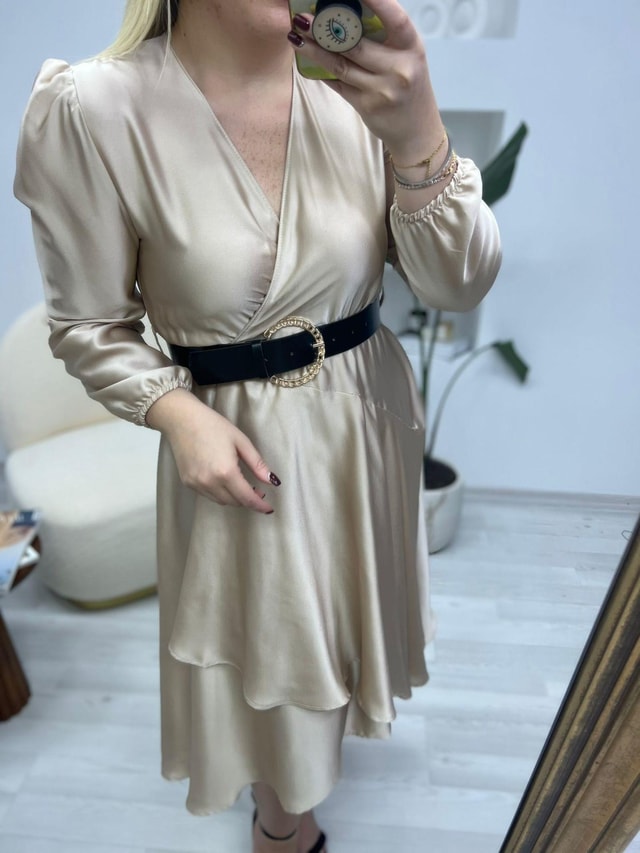Kemerli Saten Elbise Bronz