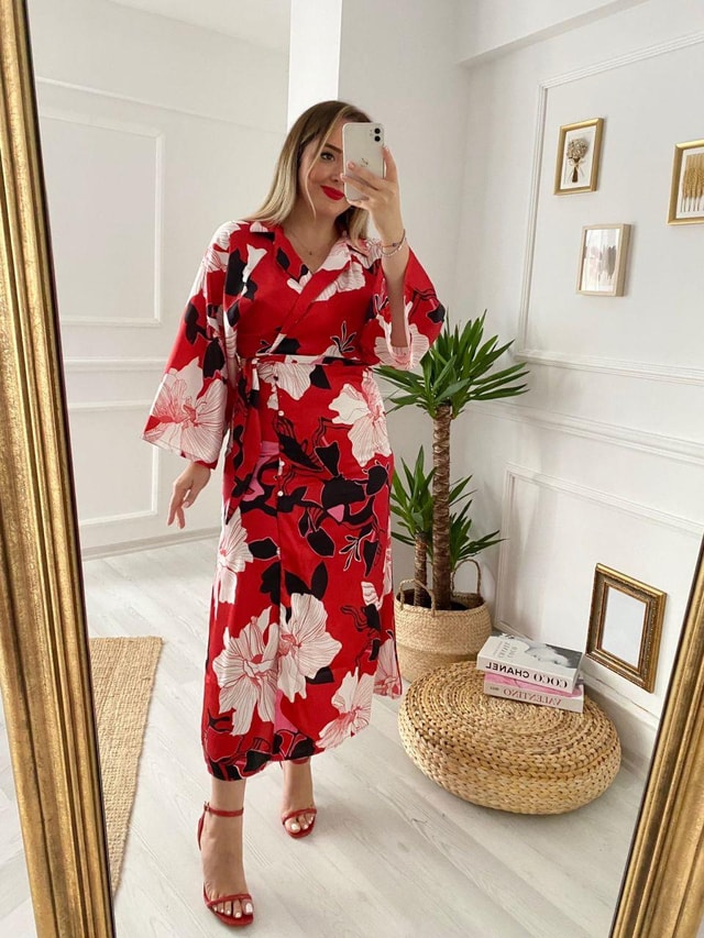 Kimono Kol Saten Kumaş Tasarım Elbise