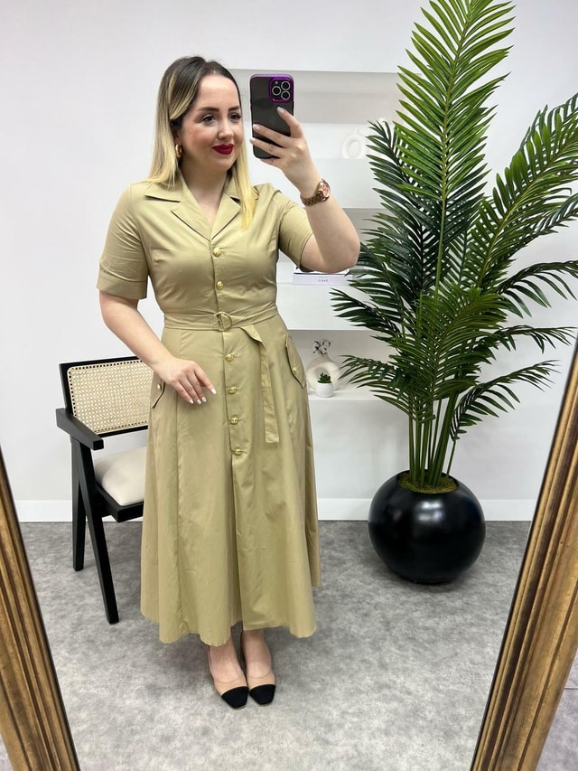 Koyu Camel Gold Düğmeli Premium Kuşaklı Elbise
