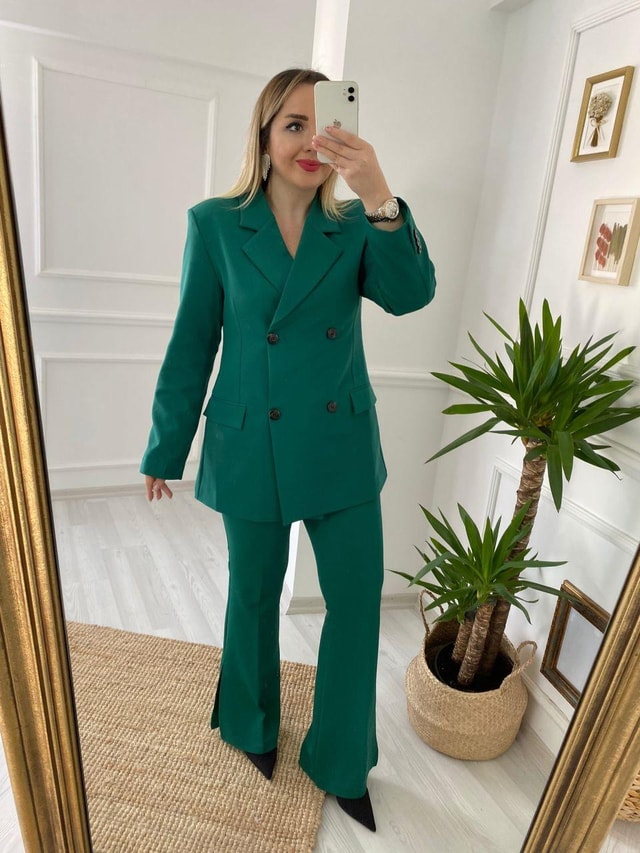 Kruvaze Model Paça Detaylı Fit Pantolonlu Yeşil Takım