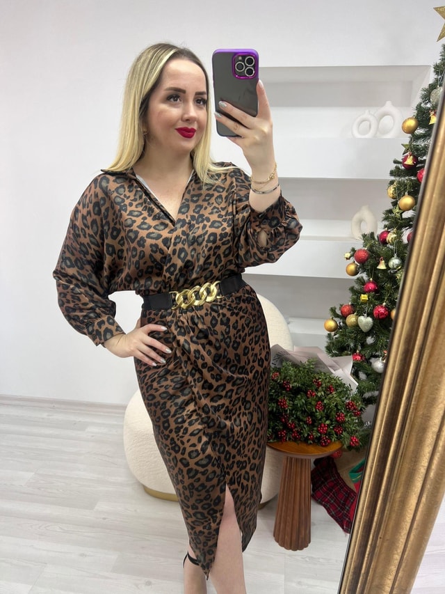 Kruvaze Model Saten Elbise Leopar  Acı Kahve