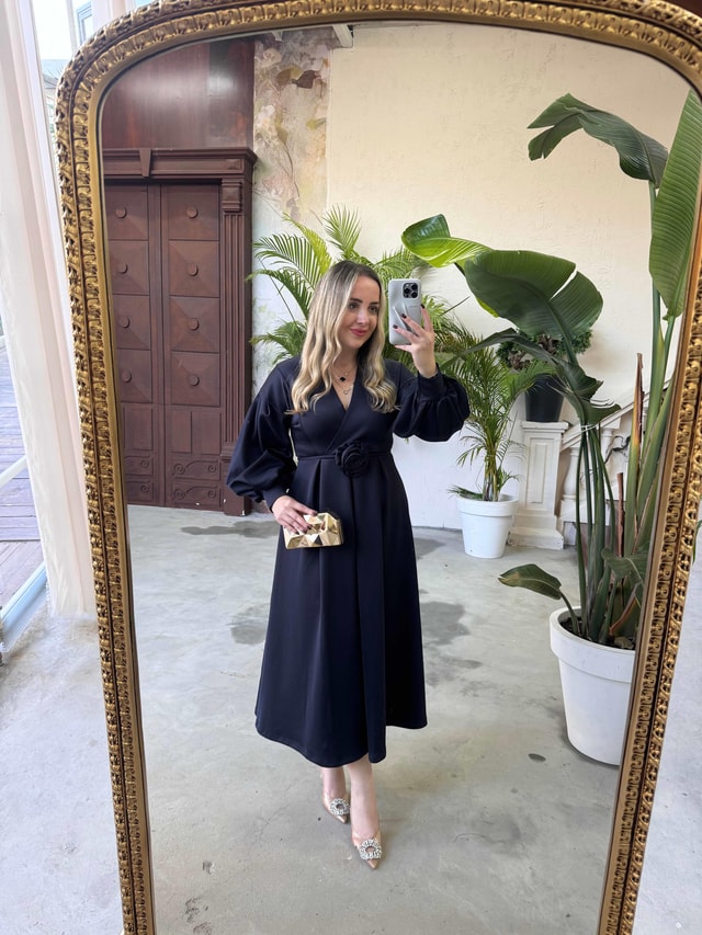 Lady Gül Detaylı Tasarım Elbise Lacivert