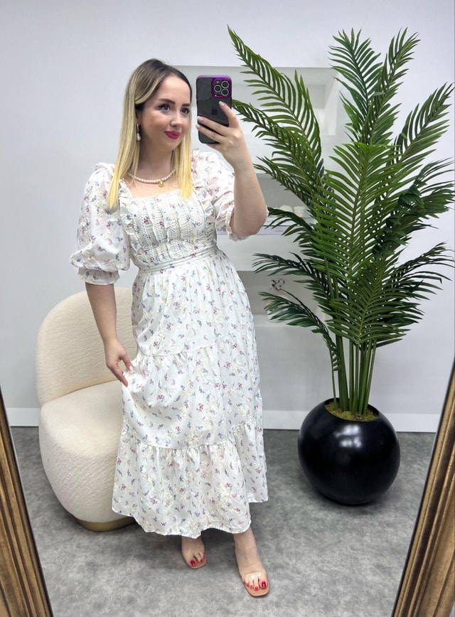 Lady Pembe Mavi Çiçekli Elbise