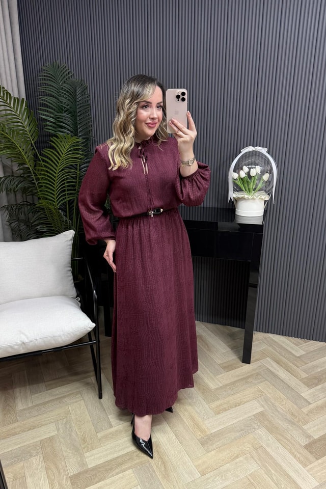 Lena Firfir Bağlamalı Kemerli Şifon Elbise Bordo