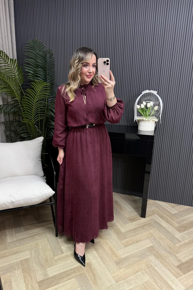 Lena Firfir Bağlamalı Kemerli Şifon Elbise Bordo
