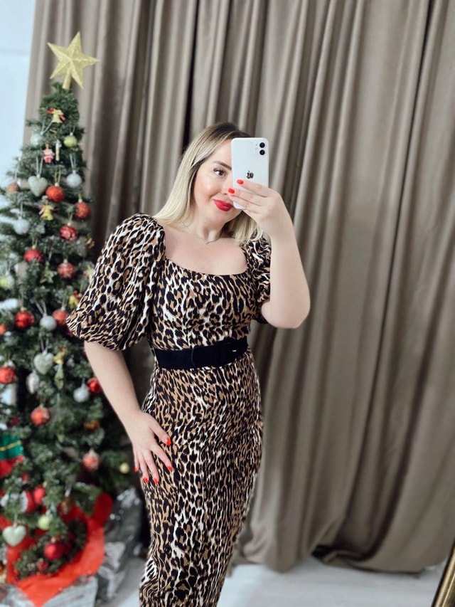 Leopar Balon Kol Kemerli Elbise