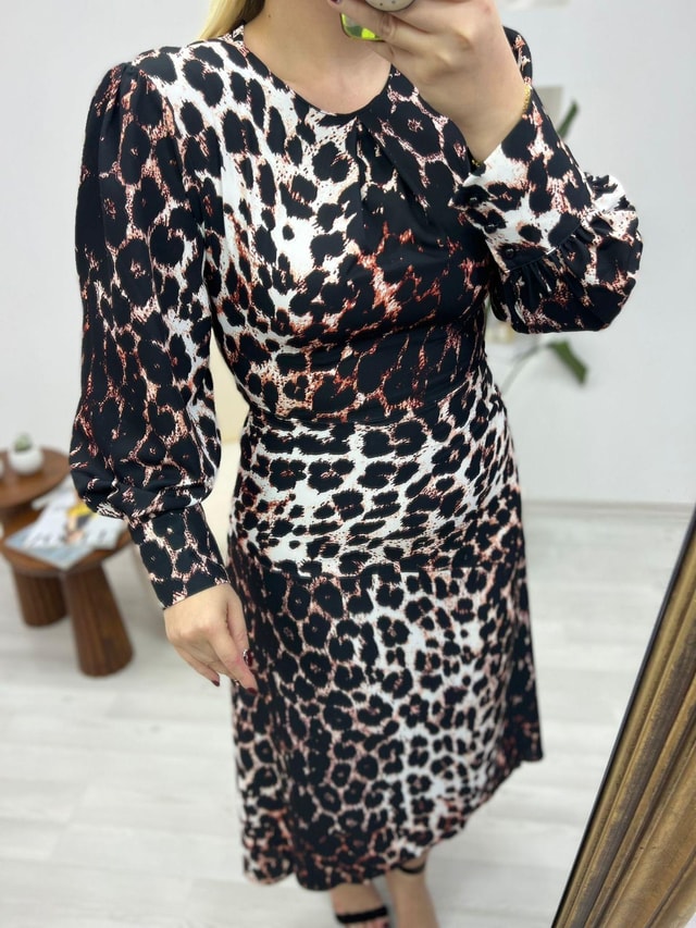 Leopar Balon Kol Tasarım Elbise