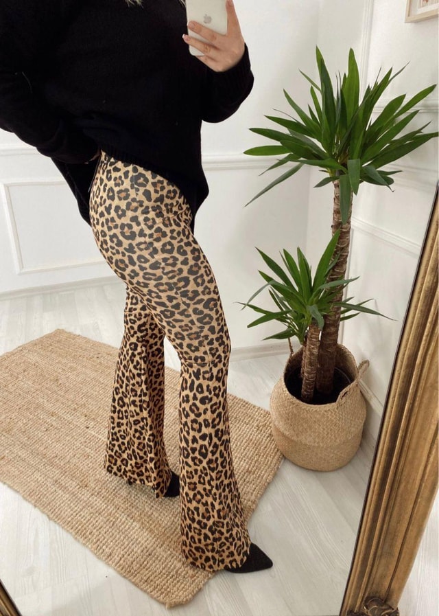 Leopar Beli Lastikli İspanyol Paça Pantolon