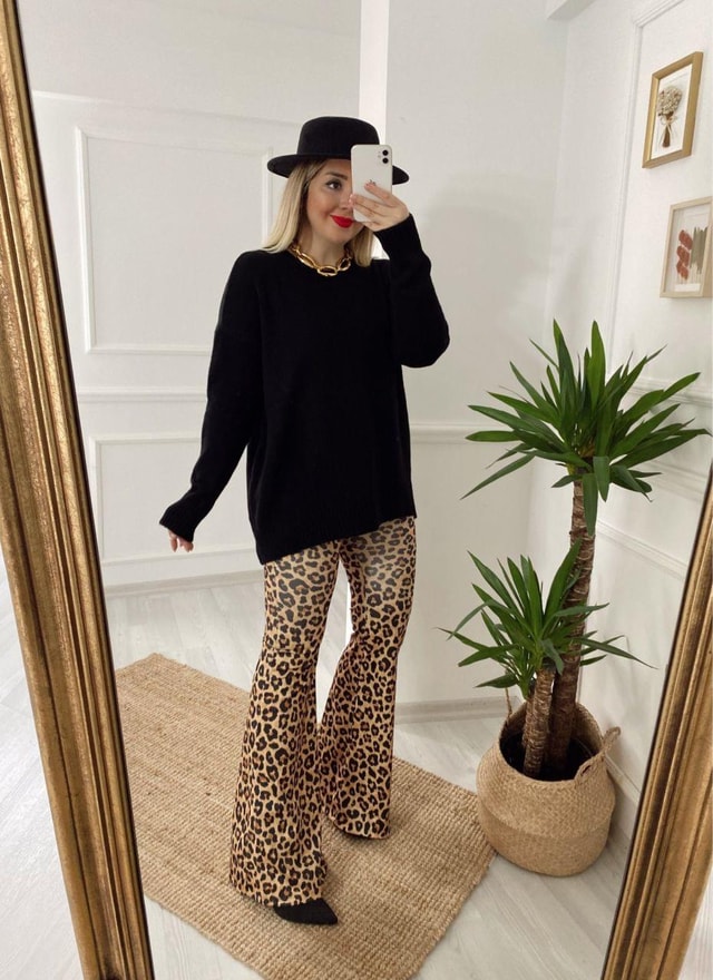 Leopar Beli Lastikli İspanyol Paça Pantolon