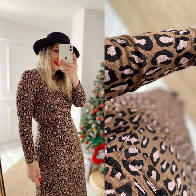 Leopar Desen Kemerli Elbise