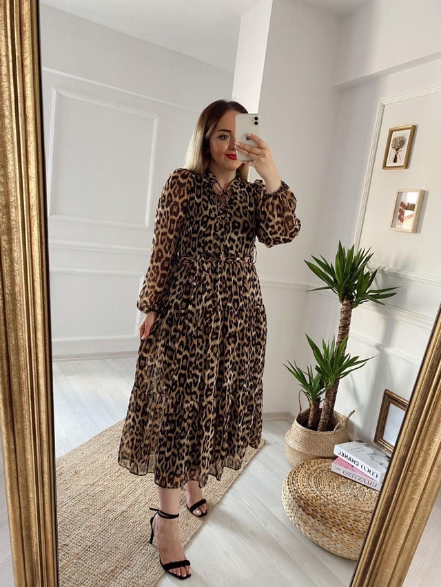 Leopar Şifon Elbise
