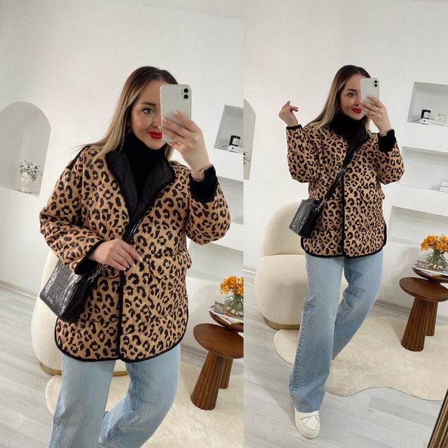 Leopar Tasarım Kapitone Ceket