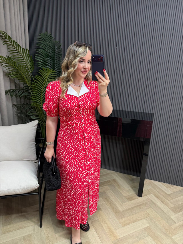 Leyla Çıtır Desen Puantiye Düğmeli Elbise Kırmızı