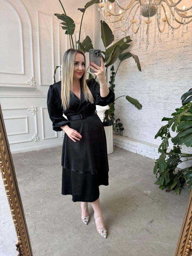 Liza Balon Kol Tasarım Saten Elbise Siyah