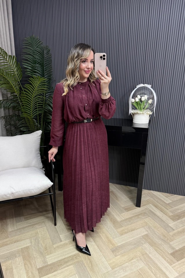 Lona Pilise Kumaş Kemerli Şifon Elbise Bordo