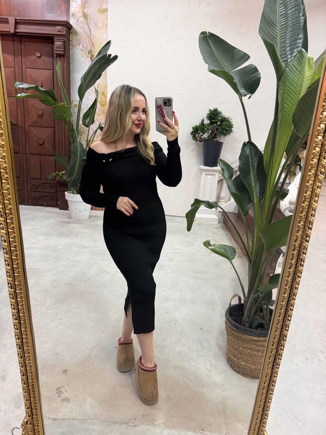 Madonna Yaka Çelik Kumaş Triko Elbise Siyah