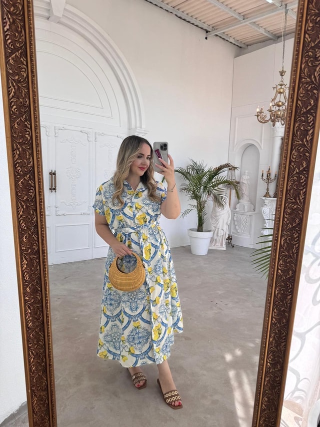 Matilda Kısa Kollu Limon Desen Elbise