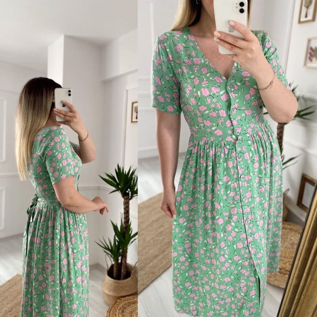 Mint Yeşili Pembe Çiçekli Elbise