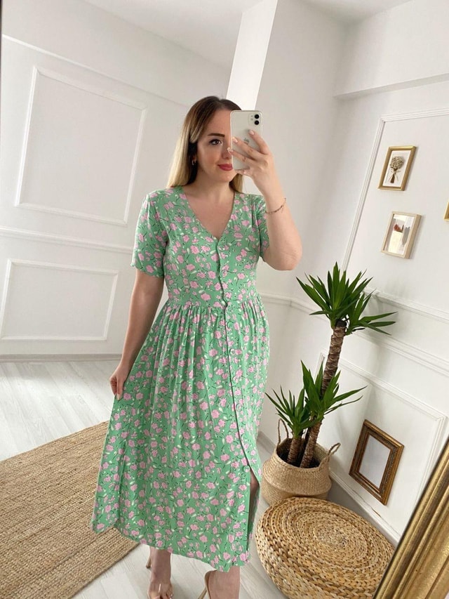 Mint Yeşili Pembe Çiçekli Elbise